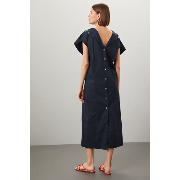 Plan C Dark Blue 100% Cotton Square Neck Button Up Back A-Line Dress Size 44 - Picture 3 of 14
